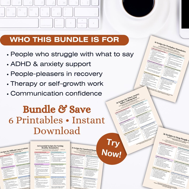 K&ouml;nnte beinhalten: Ein Bundle aus sechs druckbaren Leitf&auml;den mit Skripten f&uuml;r Kommunikation, Grenzen und Emotionsregulation. Das Bild zeigt eine Tastatur, eine Kaffeetasse und ein Telefon. Der Text lautet "Bundle & Save" und "Try Now!"