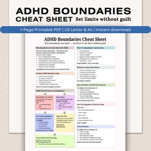 May include: ADHD Boundaries Cheat Sheet, a printable PDF with tips on setting limits without guilt. The document includes sections on why boundaries are hard, common traps, and friendly ways to set them. It also offers scripts and reminders.