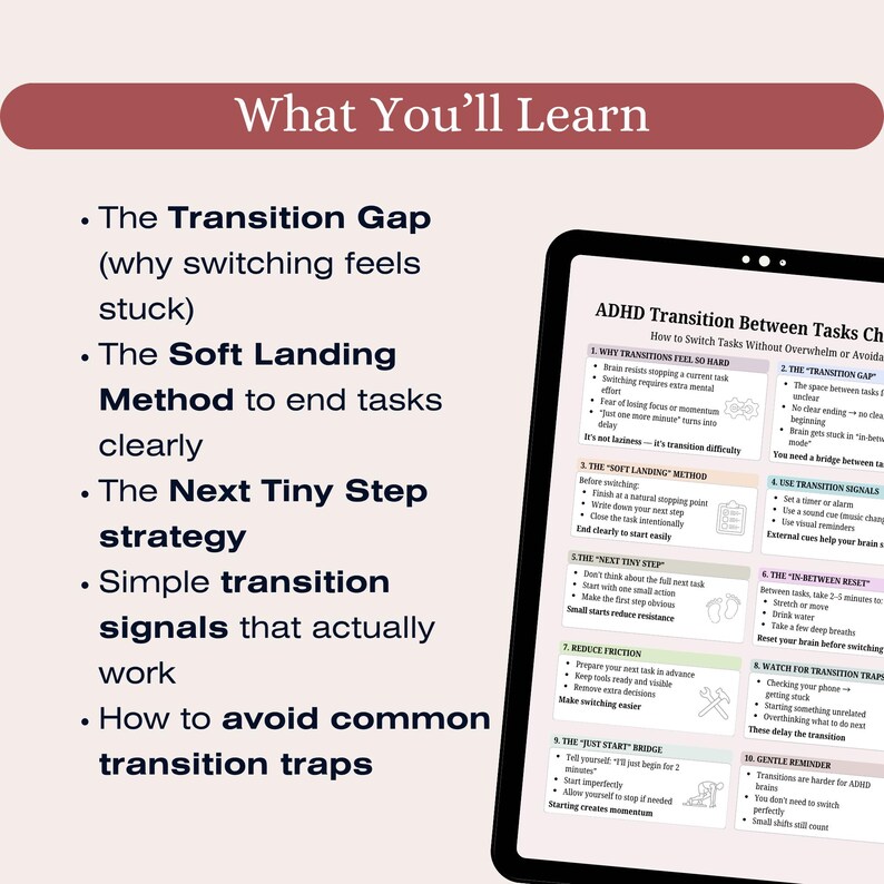 ADHD Task Transition Cheat Sheet, Executive Dysfunction Help (printable ...