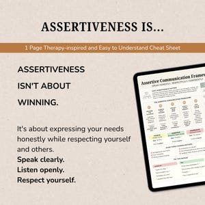 May include: A digital tablet displaying an Assertive Communication Framework cheat sheet with sections on why assertiveness matters, communication frameworks, passive versus aggressive styles, common mistakes, and alternative phrasing examples.