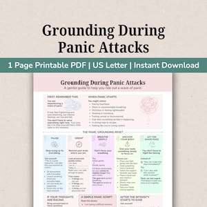 Puede incluir: Un documento PDF imprimible de una página titulado Grounding During Panic Attacks. La guía en formato US Letter presenta una paleta de colores pastel y proporciona pasos estructurados que incluyen Pause, Orient, Breathe Gently, Anchor Your Body y Let The Wave Pass.