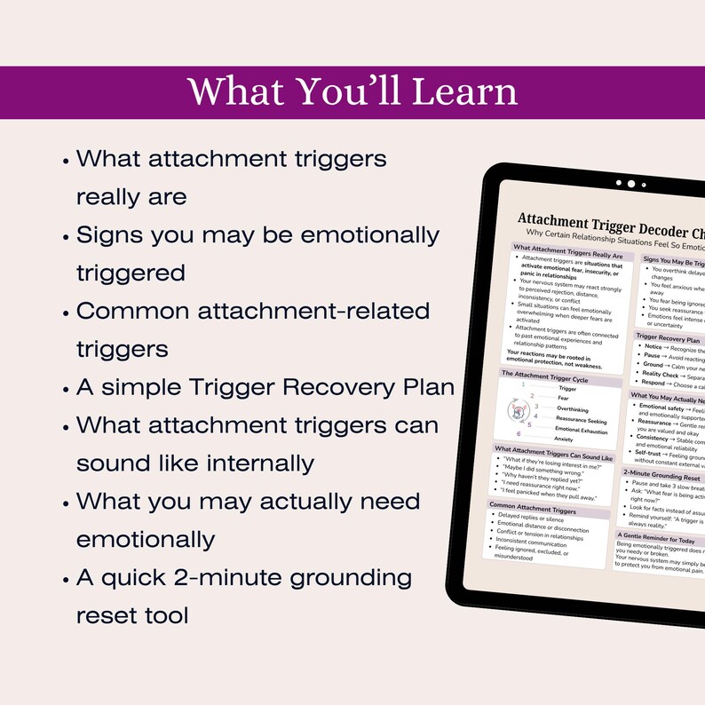 May include: A digital tablet displays text about attachment triggers, including what they are, signs of being triggered, and a recovery plan. The title "What You'll Learn" is at the top, with bullet points listing topics like emotional needs and grounding techniques.