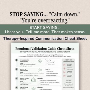 Emotional Validation Guide Cheat Sheet, Communication Skills, Active Listening Tool, Therapy Inspired Printable PDF
