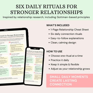 Op de afbeelding: Een digitaal product weergegeven op een tablet en smartphone, met de tekst "Six Daily Rituals for Stronger Relationships". De afbeelding bevat een 1-pagina relatie cheat sheet en zes dagelijkse verbindingsrituelen.