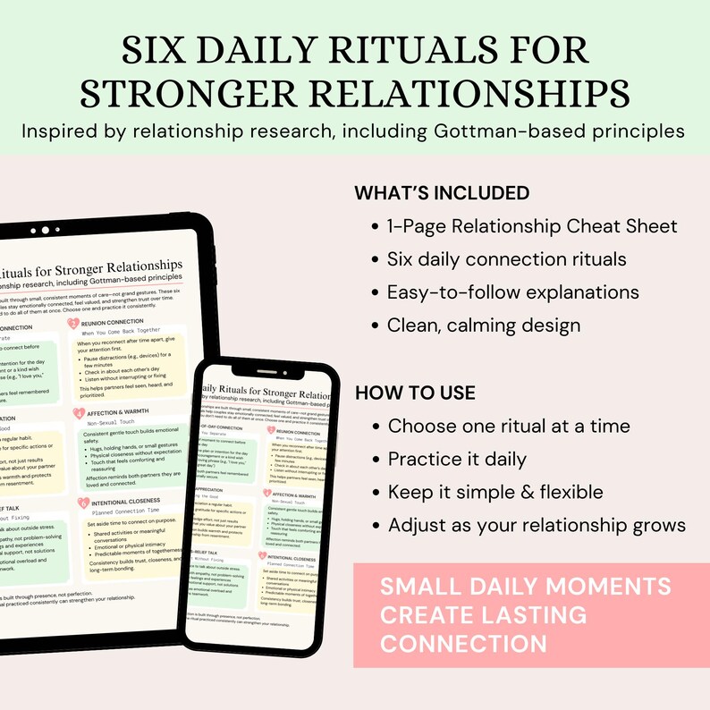 Op de afbeelding: Een digitaal product weergegeven op een tablet en smartphone, met de tekst "Six Daily Rituals for Stronger Relationships". De afbeelding bevat een 1-pagina relatie cheat sheet en zes dagelijkse verbindingsrituelen.