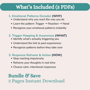 May include: A teal and white graphic with the text "What's Included (3 PDFs)". The text describes three sections: Emotional Patterns Decoder, Trigger Mapping & Awareness, and Response Reframe & Action. The graphic also includes the text "Bundle & Save" and "3 Pages Instant Download".