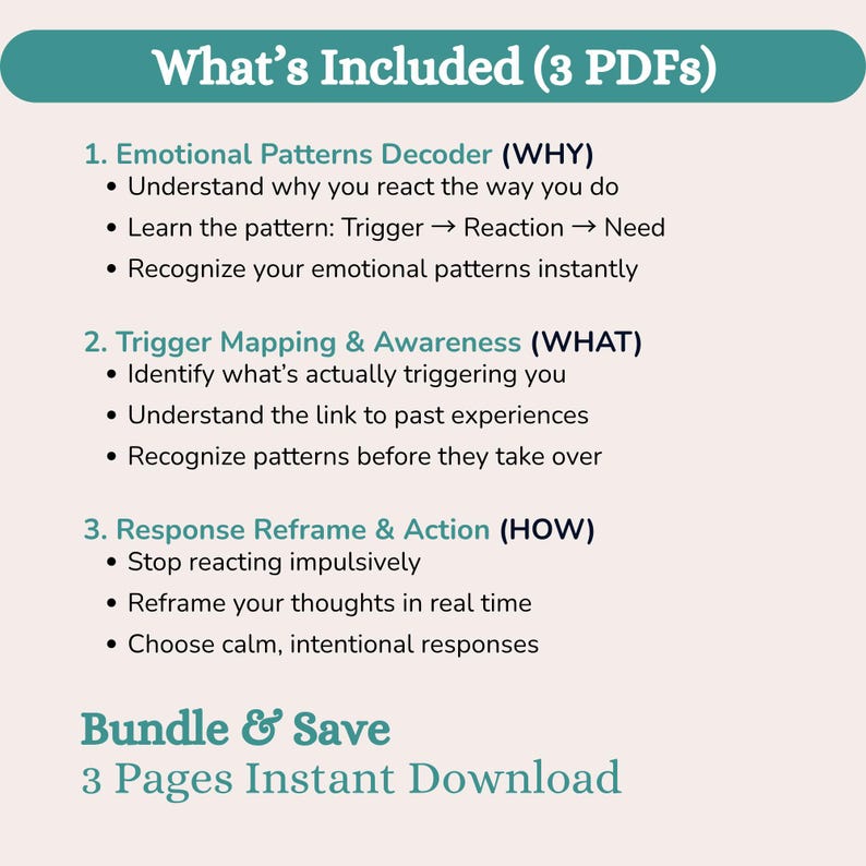 May include: A teal and white graphic with the text "What's Included (3 PDFs)". The text describes three sections: Emotional Patterns Decoder, Trigger Mapping & Awareness, and Response Reframe & Action. The graphic also includes the text "Bundle & Save" and "3 Pages Instant Download".