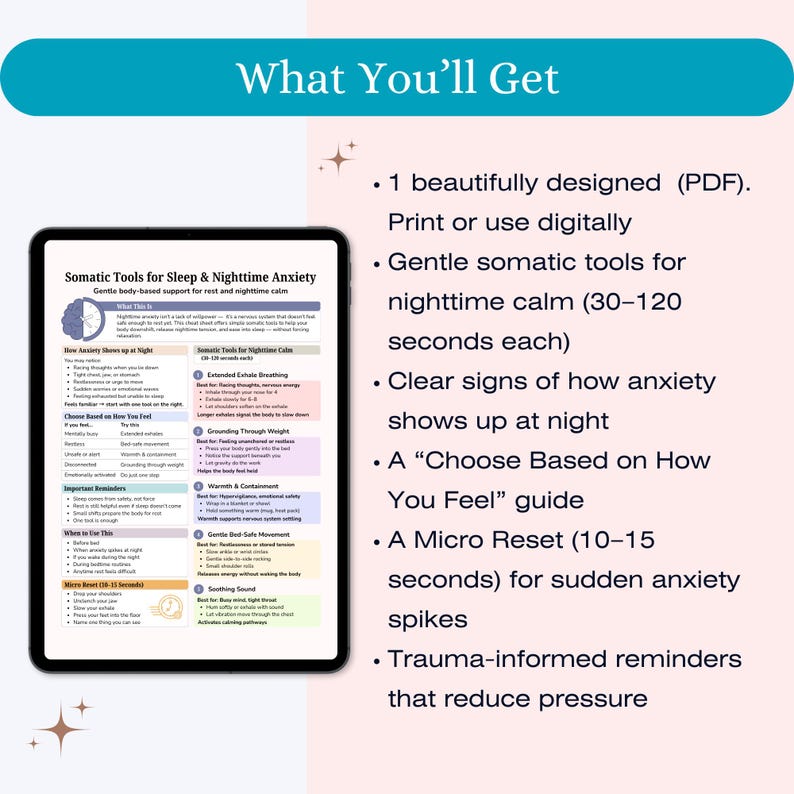 May include: A digital PDF guide titled "Somatic Tools for Sleep & Nighttime Anxiety" displayed on a tablet. The guide offers gentle somatic tools for nighttime calm, clear signs of anxiety, and a micro reset for anxiety spikes.