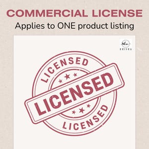 May include: A commercial license graphic with the text "COMMERCIAL LICENSE" and "Applies to ONE product listing" at the top. The image features a red "LICENSED" stamp with stars and the word "LICENSED" repeated around the circle.