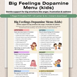 May include: A printable Big Feelings Dopamine Menu for kids, featuring sections for Appetizers, Entrées, Sides, and Dessert. The document lists calming activities for emotions like anger and sadness, illustrated with small cartoon figures.
