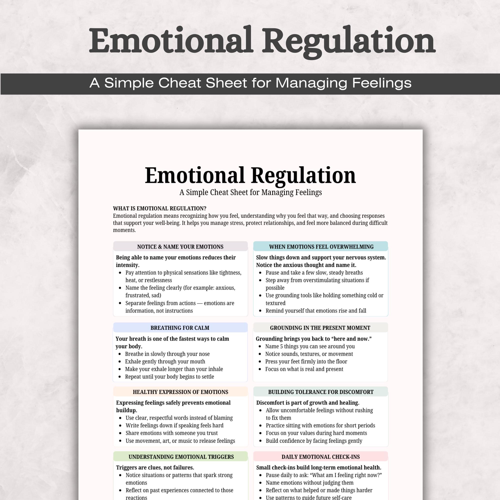 Emotional Regulation Cheat Sheet, Coping Skills, Mental Health (PDF ...