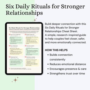 Op de afbeelding: Een digitale tablet toont een gids getiteld "Six Daily Rituals for Stronger Relationships". De gids, ge&iuml;nspireerd door relatieonderzoek, biedt tips voor stellen om verbinding op te bouwen, afstand te verminderen en vertrouwen te versterken. De tablet staat op een lichte achtergrond.
