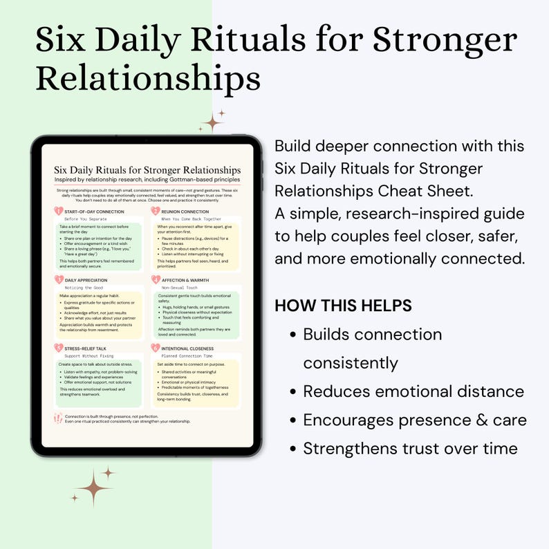 Op de afbeelding: Een digitale tablet toont een gids getiteld "Six Daily Rituals for Stronger Relationships". De gids, ge&iuml;nspireerd door relatieonderzoek, biedt tips voor stellen om verbinding op te bouwen, afstand te verminderen en vertrouwen te versterken. De tablet staat op een lichte achtergrond.