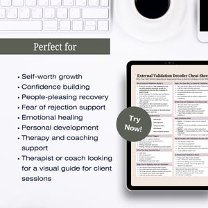 Pode incluir: Um tablet digital exibindo uma folha de dicas para decodificar a valida&ccedil;&atilde;o externa com texto sobre autoestima. A tela apresenta um bot&atilde;o circular Try Now. Ao lado do tablet, uma lista inclui o crescimento da autoestima e apoio terap&ecirc;utico.
