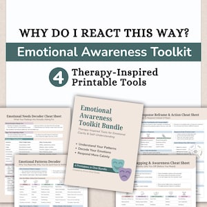 May include: The image displays a collection of printable tools for emotional awareness. The title reads "Why Do I React This Way? Emotional Awareness Toolkit." The toolkit includes four therapy-inspired tools designed for clarity and self-understanding.