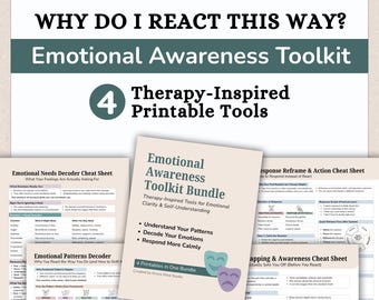 Emotional Awareness Toolkit, Self Therapy Worksheets, Regulation Printables (4 Page PDF)