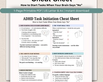 ADHD Task Initiation Cheat Sheet, Procrastination Help, Executive Dysfunction Guide (Printable)