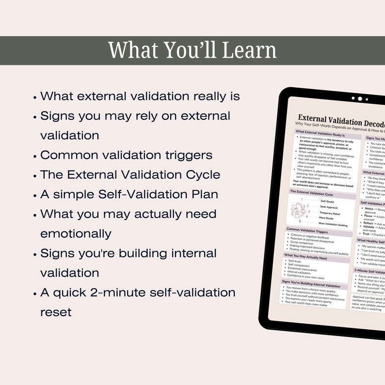 Pode incluir: Um tablet digital exibindo um gr&aacute;fico de External Validation Decoder com se&ccedil;&otilde;es de texto sobre o que &eacute; valida&ccedil;&atilde;o externa, o ciclo de valida&ccedil;&atilde;o, gatilhos, necessidades emocionais e sinais de constru&ccedil;&atilde;o de valida&ccedil;&atilde;o interna.