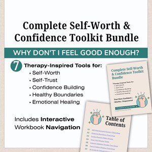 May include: A digital toolkit bundle titled Complete Self-Worth & Confidence Toolkit Bundle. It features a list of seven therapy-inspired tools for self-worth, self-trust, confidence building, healthy boundaries, and emotional healing.