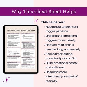 May include: A digital tablet displays a cheat sheet titled "Attachment Trigger Decoder Cheat Sheet." The text explains how to recognize attachment trigger patterns, understand emotional triggers, and reduce anxiety. The background is white with purple accents.