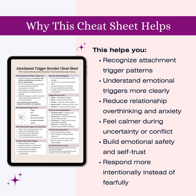 May include: A digital tablet displays a cheat sheet titled "Attachment Trigger Decoder Cheat Sheet." The text explains how to recognize attachment trigger patterns, understand emotional triggers, and reduce anxiety. The background is white with purple accents.