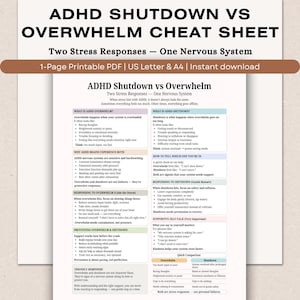 May include: A printable PDF cheat sheet titled "ADHD Shutdown vs Overwhelm" with a brown header. The document lists stress responses and provides tips for managing overwhelm and shutdown, with sections on symptoms and self-talk.