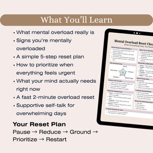 May include: A digital tablet displays a mental overload reset cheat sheet. The screen shows a list of topics, including signs of overload, a 5-step reset plan, and how to prioritize. The text is in black and white.
