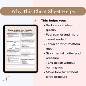 May include: A digital tablet displays a "Mental Overload Reset Cheat Sheet" with text and diagrams. The top banner reads "Why This Cheat Sheet Helps." The right side lists benefits like reducing overwhelm and focusing on what matters.