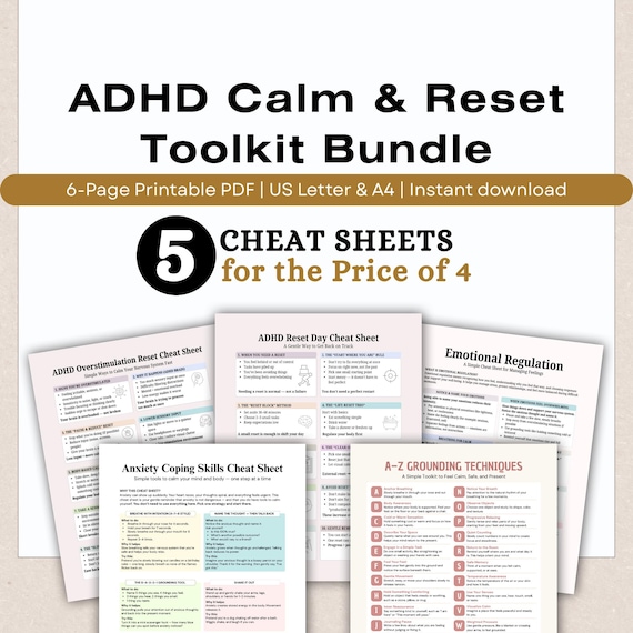 ADHD Calm & Reset Toolkit Bundle, Anxiety, Overwhelm, Nervous System Regulation Printable (5 PDFs)