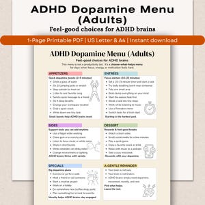Puede incluir: Un menú imprimible de dopamina para adultos con TDAH, que ofrece opciones para sentirse bien para el cerebro. El menú se divide en aperitivos, platos principales, guarniciones, especiales, postre y un recordatorio suave, con sugerencias.