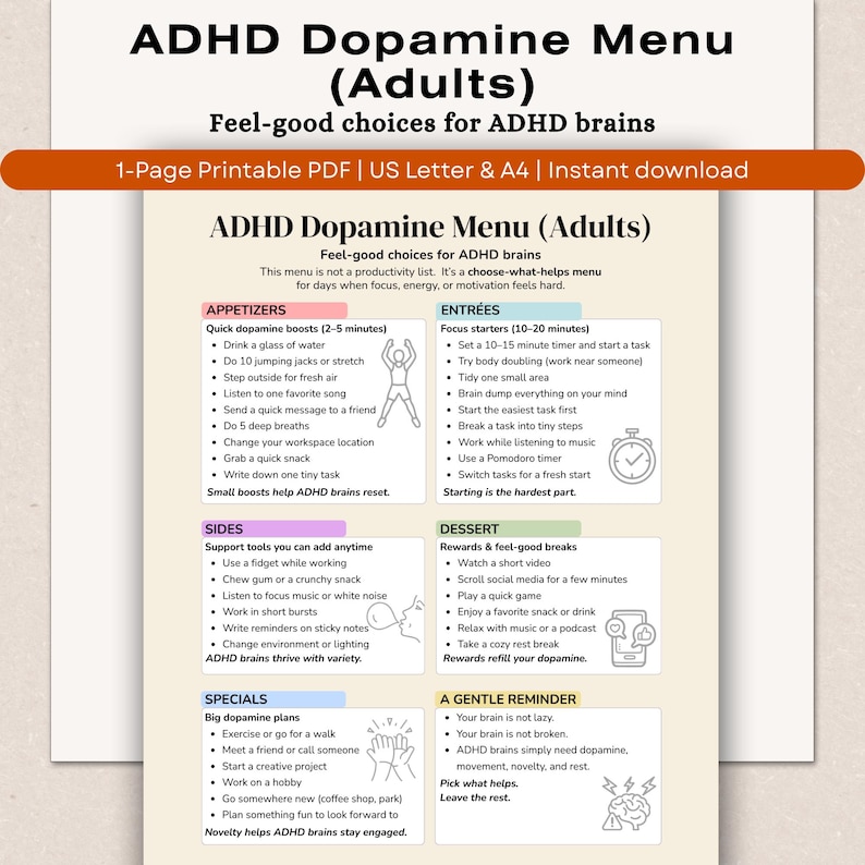 May include: A printable ADHD Dopamine Menu for adults, offering feel-good choices for ADHD brains. The menu is divided into Appetisers, Entrees, Sides, Specials, Dessert, and a Gentle Reminder, with suggestions for boosting focus and energy.
