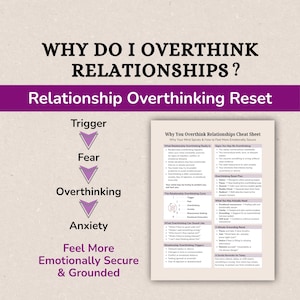 May include: A graphic with the text "Why Do I Overthink Relationships?" and "Relationship Overthinking Reset." The graphic includes a diagram of the overthinking cycle: Trigger, Fear, Overthinking, Anxiety. A "Cheat Sheet" is also included.