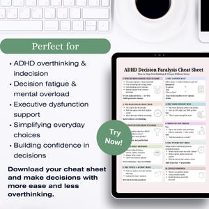 ADHDによる意思決定麻痺対策チートシート、考えすぎを止めるための印刷可能な資料、実行機能障害の対処法（PDF） 画像 5