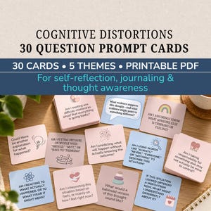 May include: A set of 30 square cognitive distortion prompt cards in pastel pink and blue. Each card features a unique self-reflection question, such as Am I treating one difficult moment as proof that everything is going badly, with simple line art icons.