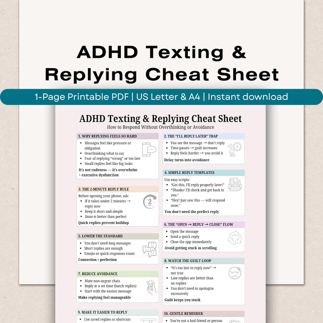 ADHD Texting Cheat Sheet, Communication Help, Stop Overthinking (PDF ...