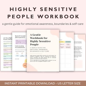 Könnte beinhalten: Eine Reihe von druckbaren Arbeitsbüchern mit dem Titel "Highly Sensitive People Workbook". Das Hauptcover des Arbeitsbuchs lautet "A Gentle Workbook for Highly Sensitive People" und bietet Anleitungen zu emotionalem Bewusstsein, Grenzen und Selbstfürsorge. Der untere Teil des Bildes lautet "Instant Printable Download - US Letter Size."
