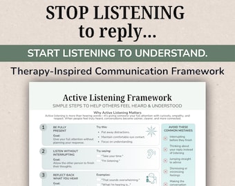 Active Listening Cheat Sheet, Communication Skills Printable, Therapy Inspired Listening Guide, Relationship Tool PDF