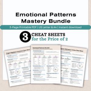 May include: A bundle of three printable PDF cheat sheets for emotional patterns mastery. The sheets include trigger mapping, awareness, and action guides. The text reads "Emotional Patterns Mastery Bundle" and "3 Cheat Sheets for the Price of 2."
