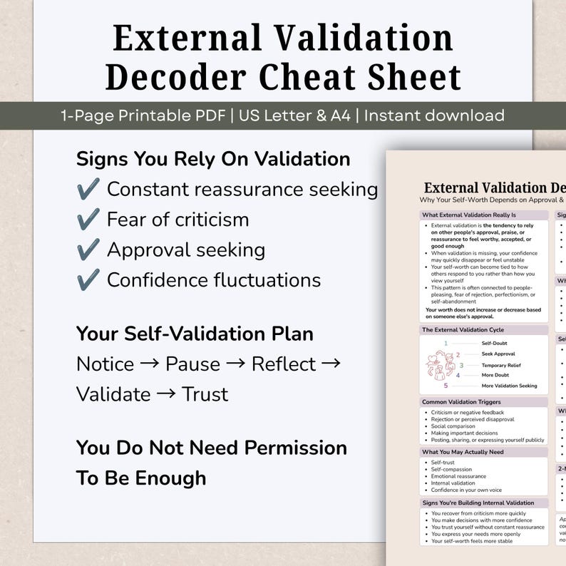 Pode incluir: Uma folha de dicas em PDF imprim&iacute;vel intitulada External Validation Decoder. O documento lista sinais de depend&ecirc;ncia de valida&ccedil;&atilde;o, um plano de autovalida&ccedil;&atilde;o com passos de notice a trust e a frase You Do Not Need Permission To Be Enough.
