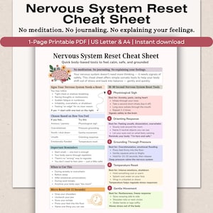 May include: A printable cheat sheet titled "Nervous System Reset" with quick body-based tools to feel calm and safe. The sheet includes sections on recognizing signs of stress and techniques like physiological sighs and grounding through pressure.