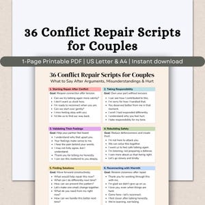 Może przedstawiać: Wydruk PDF zatytułowany "36 Conflict Repair Scripts for Couples" z czarnym tekstem na białym tle. Dokument podzielony jest na sekcje z nagłówkami takimi jak "Starting Repair After Conflict" i "Taking Responsibility", oferując skrypty komunikacyjne.