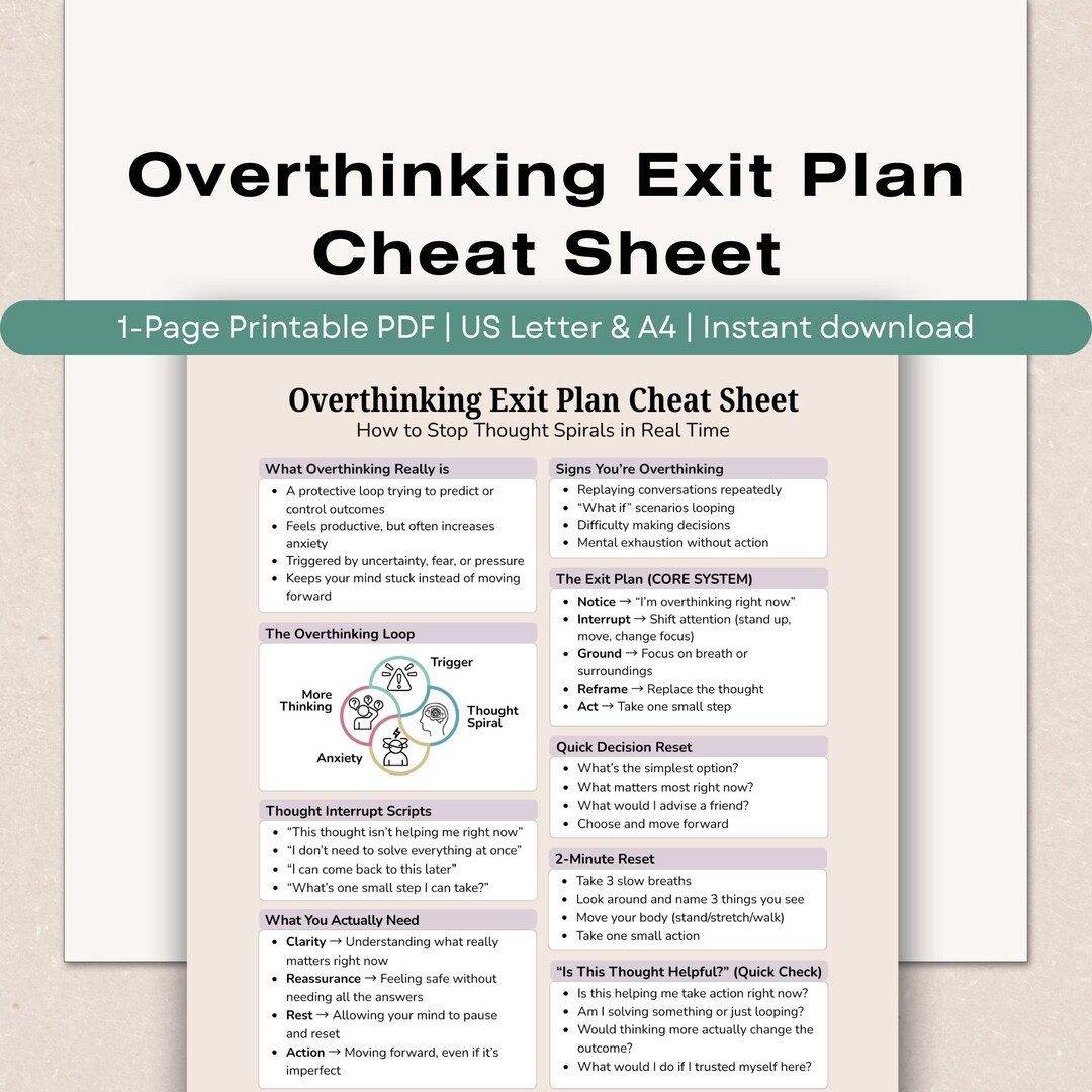 Overthinking Skill Sheet.pdf Overthinking Exit Plan Cheat Sheet, Anxiety Thought Spiral Help (PDF ...