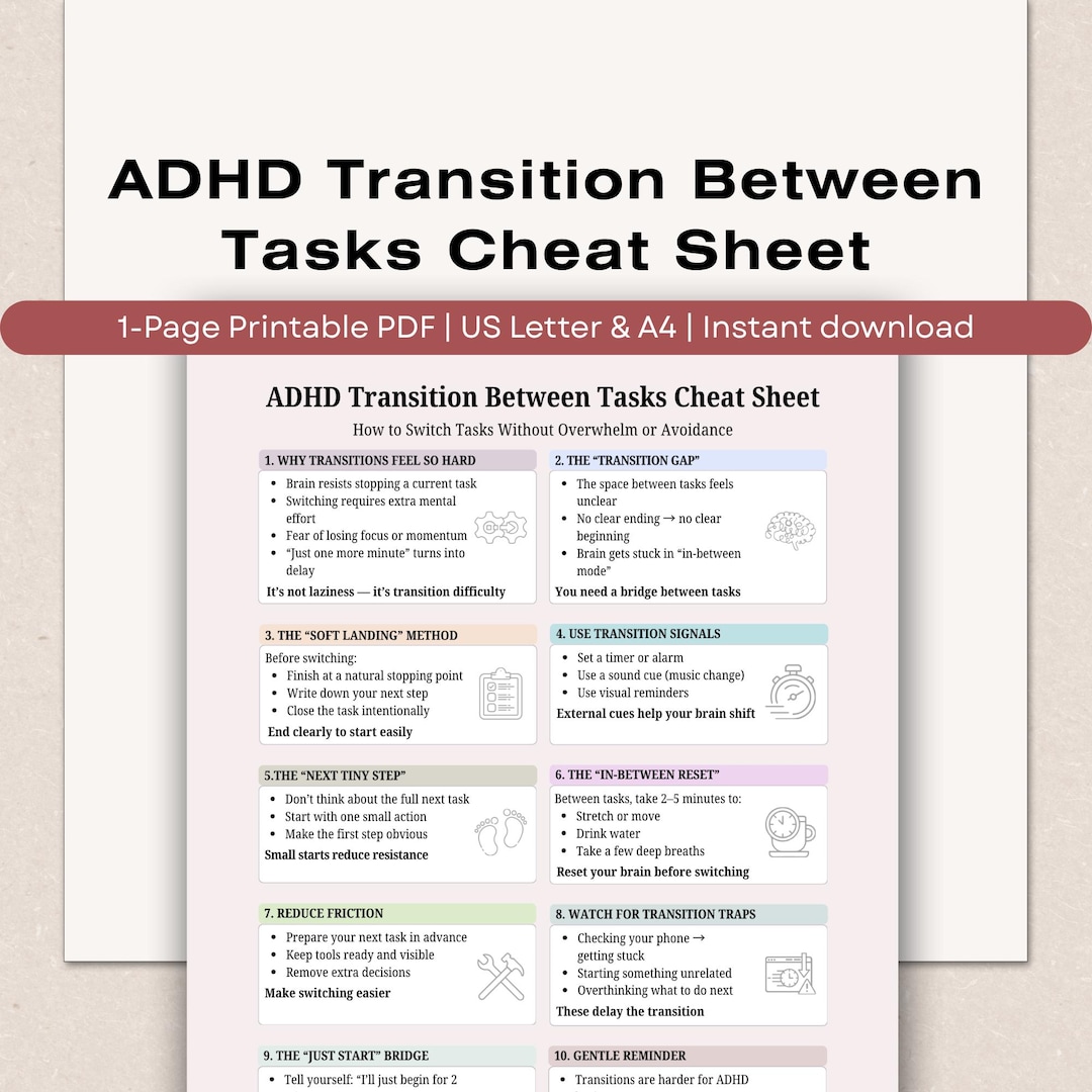 ADHD Task Transition Cheat Sheet, Executive Dysfunction Help (printable ...