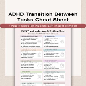 ADHD Task Transition Cheat Sheet, Executive Dysfunction Help (Printable PDF)
