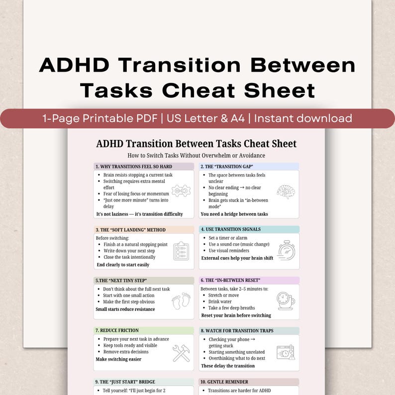 ADHD Task Transition Cheat Sheet, Executive Dysfunction Help (printable ...