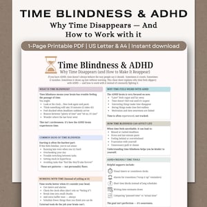 May include: Printable PDF document titled "Time Blindness & ADHD" with information on time management and ADHD. The document includes sections on time blindness, its effects, and strategies for managing time. The document is in US Letter size.