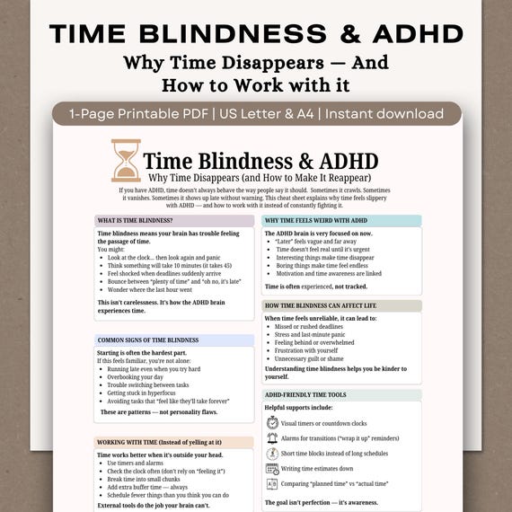 ADHD Time Blindness Cheat Sheet, Executive Function Printable (PDF Download)
