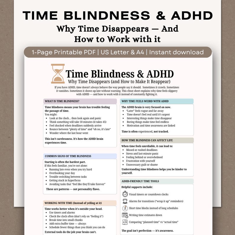 May include: Printable PDF document titled "Time Blindness & ADHD" with information on time management and ADHD. The document includes sections on time blindness, its effects, and strategies for managing time. The document is in US Letter size.