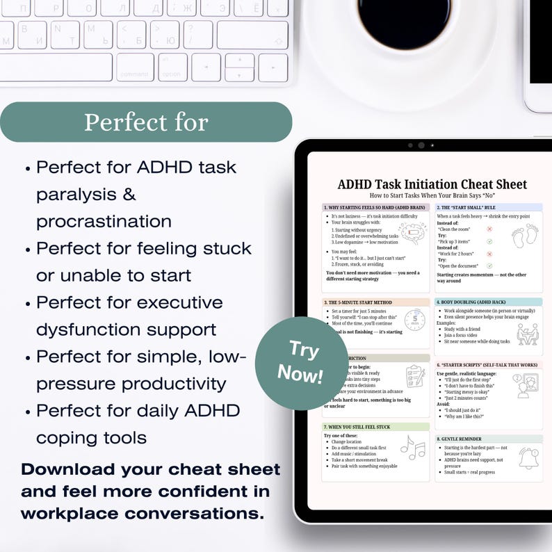 ADHD Task Initiation Cheat Sheet, Procrastination Help, Executive ...