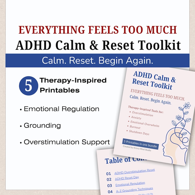ADHD Calm & Reset Toolkit Bundle, Anxiety, Overwhelm, Nervous System Regulation Printable (5 PDFs) image 1